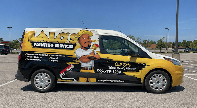 Professional commercial painting services van with custom wrap parked in a parking lot.