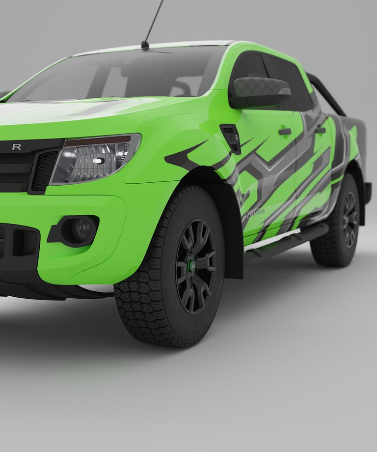 A lime green Ford Ranger pickup truck with custom vinyl graphics and off-road tires.