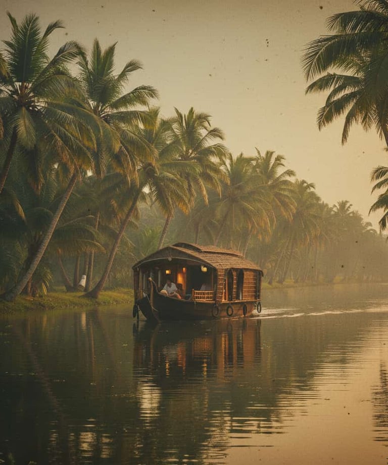 Traditional Kerala houseboat cruising through calm backwaters lined with tropical palm trees at sunset.