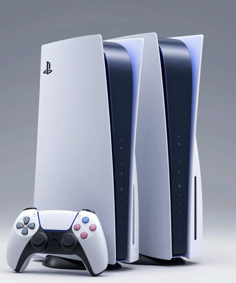 Two Sony PlayStation 5 consoles standing vertically with a white DualSense wireless controller.