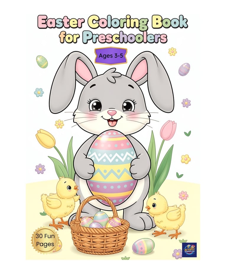 Easter coloring book for preschoolers featuring a cute bunny, chicks, and decorated eggs.