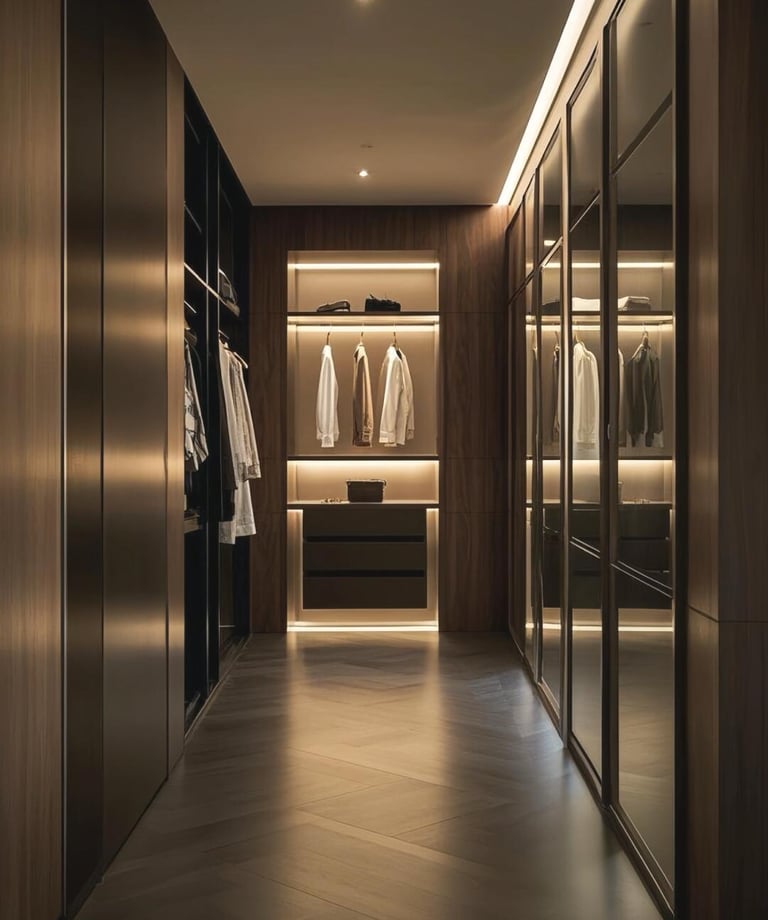 A dark modern wardrobe design with strong contrast, custom layouts, and built-in storage