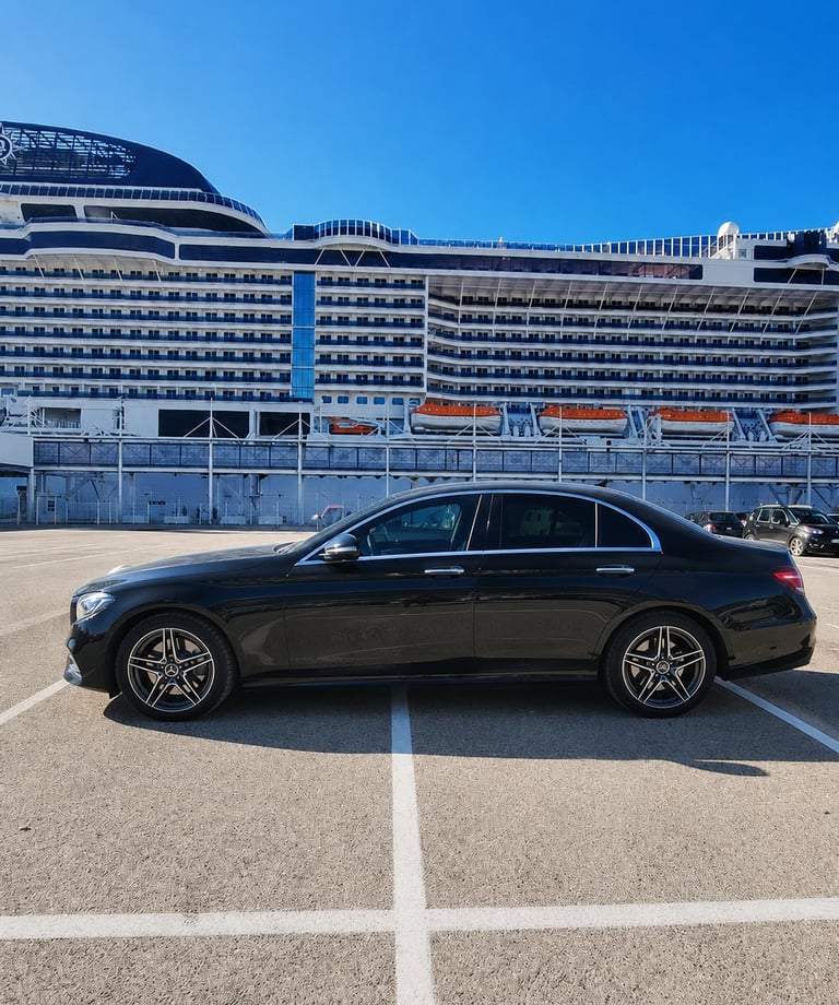 Black Mercedes-Benz luxury sedan parked at a cruise ship terminal under a clear blue sky.