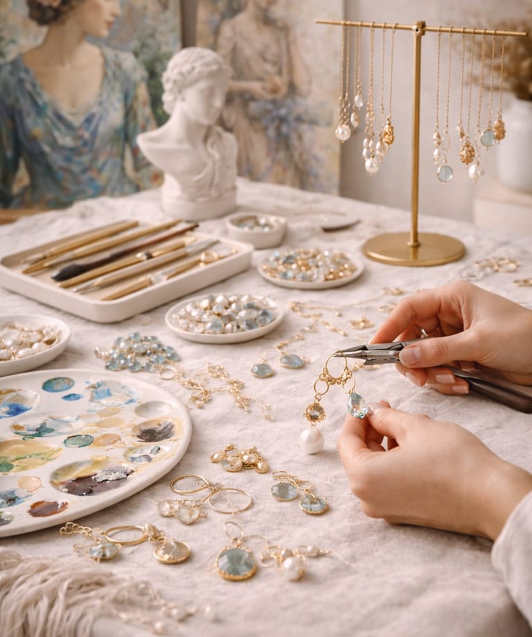 “Joyero usando alicates para ensamblar pendientes de oro hechos a mano con perlas y cristales