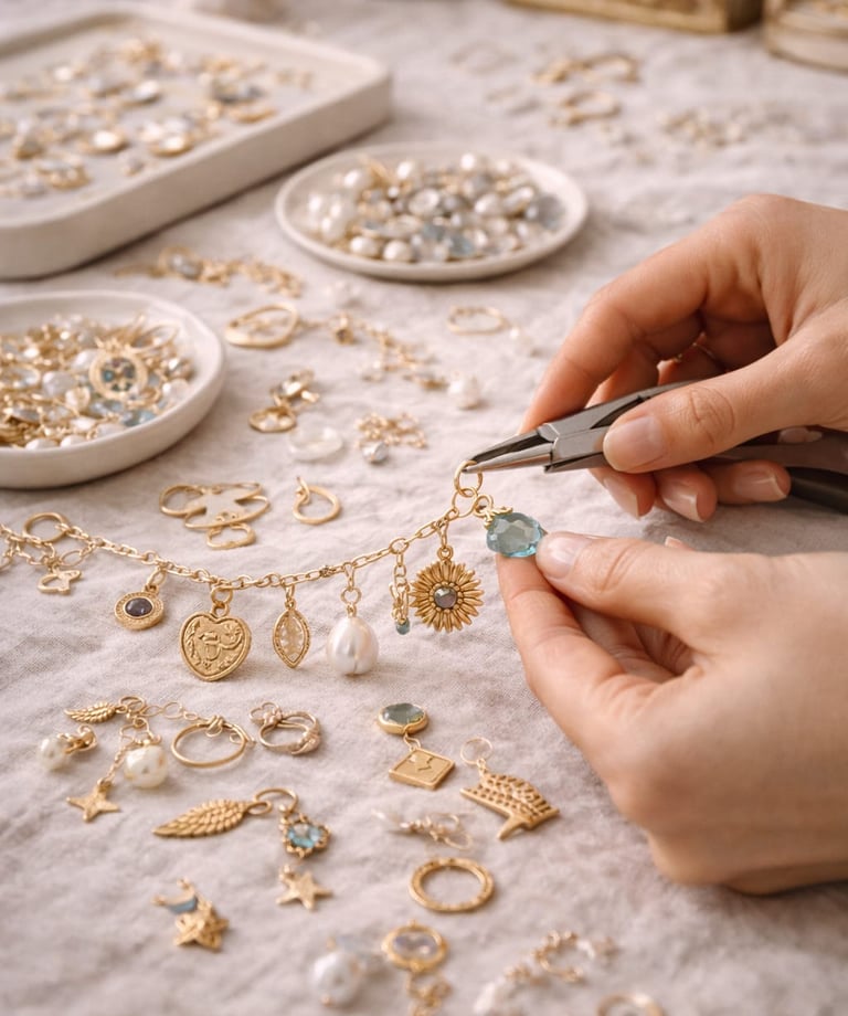 creacion de joyeria con charms con significado en el taller de una tienda de joyeria