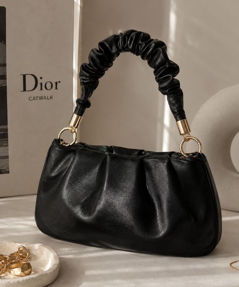 Black ruched shoulder bag with gold hardware styled in a beige luxury aesthetic.