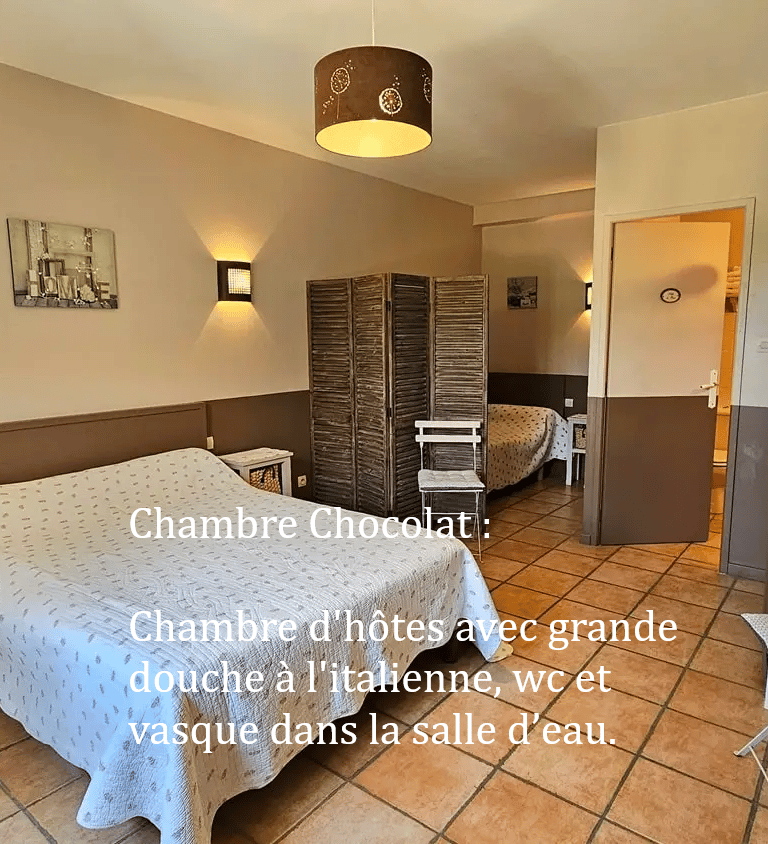 chambre Chocolat "la ramade" avec un grand lit et un petit lit, mur ton chocolat et placard . 