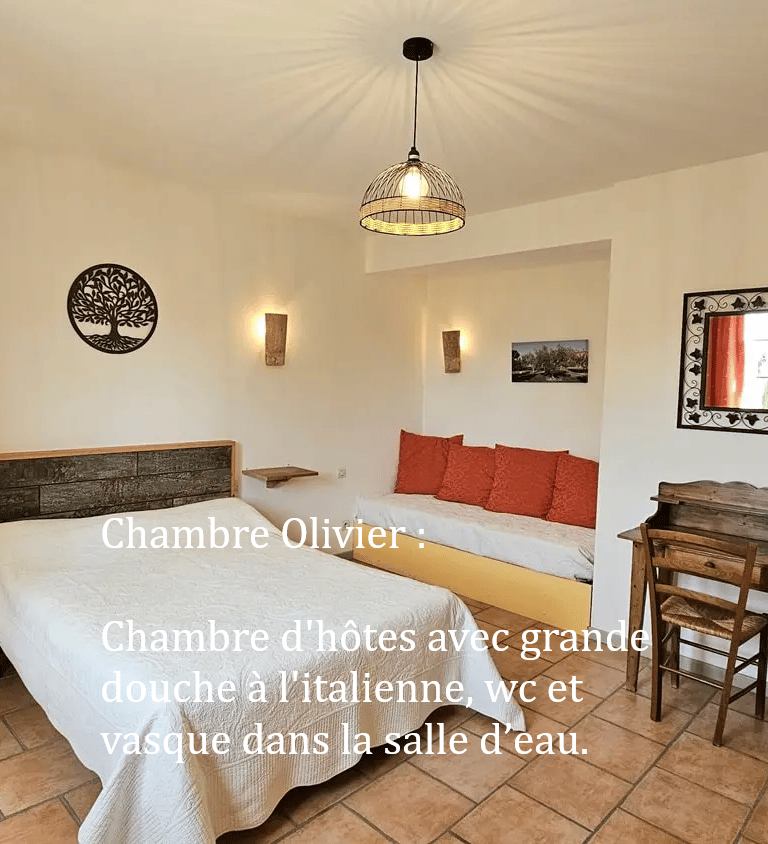 chambre Olivier de "la ramade" avec un grand lits , une table et miroir , mur blanc