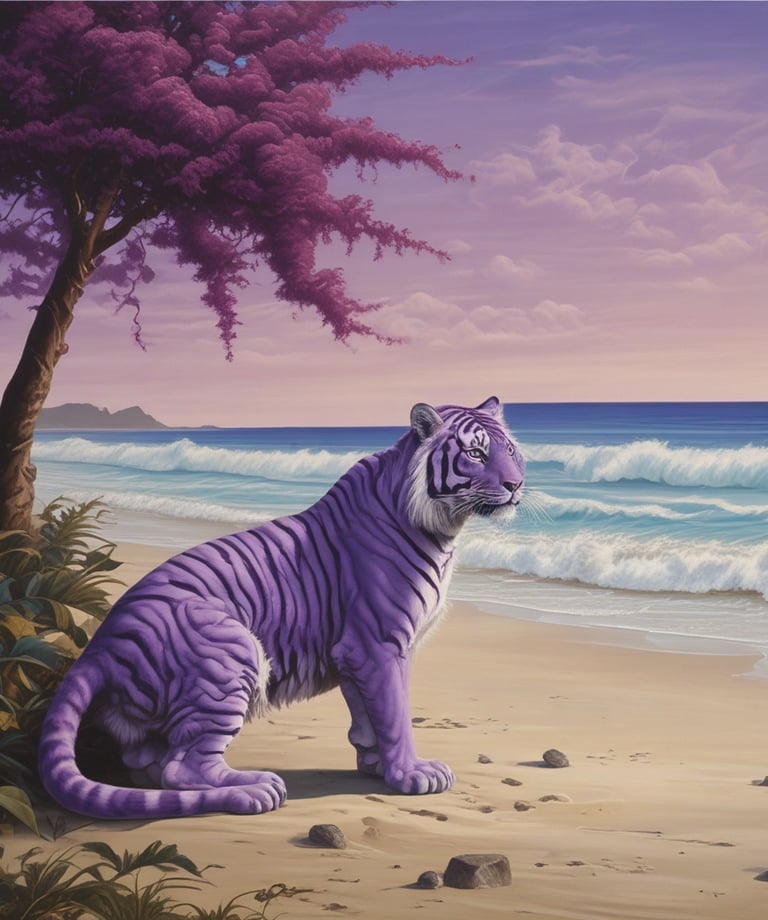peinture surréaliste XXe siècle représentant un tigre violet dans un horison fantaisiste magnifique