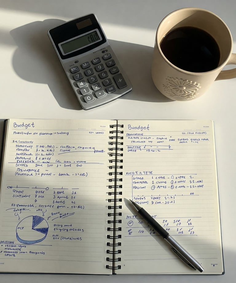 Libreta con plan de presupuesto y calculadora sobre mesa de trabajo