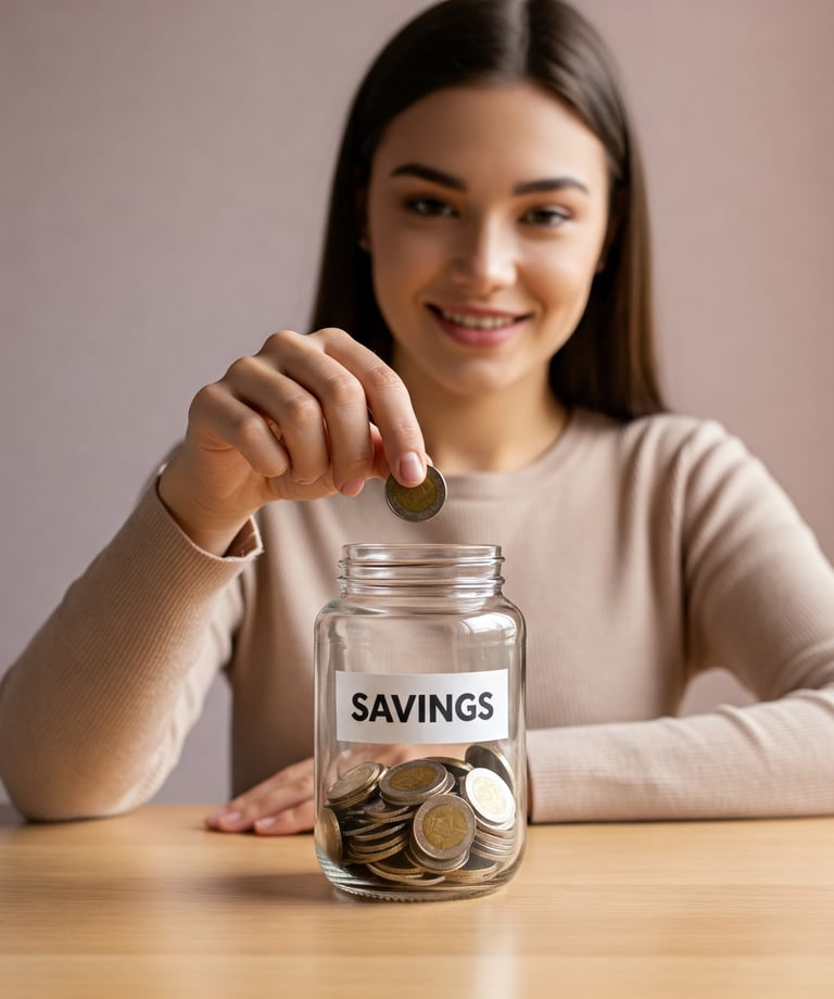 Persona introduciendo una moneda en una hucha con rótulo SAVINGS