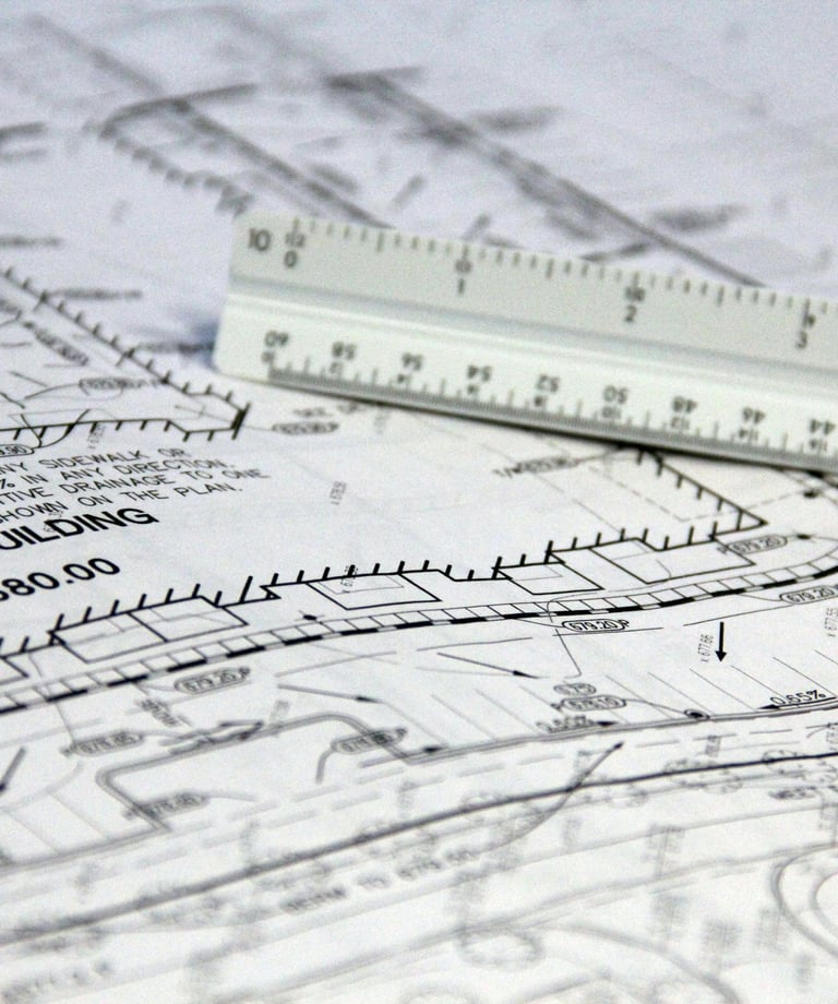 Plan de masse technique d'un projet de construction avec une règle d'architecte blanche