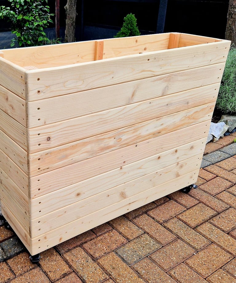 restaurant planter on wheels shallow bottom WOODEN OUTDOOR PLANTER GARDEN SOLID WOOD HANDMADE UK LONDON THROUGH tall large