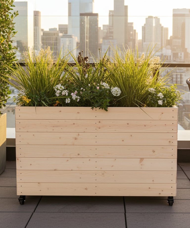 restaurant planter on wheels shallow bottom WOODEN OUTDOOR PLANTER GARDEN SOLID WOOD HANDMADE UK LONDON THROUGH tall large