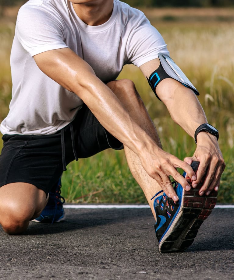 a man in a white shirt is stretching his legs on the ground