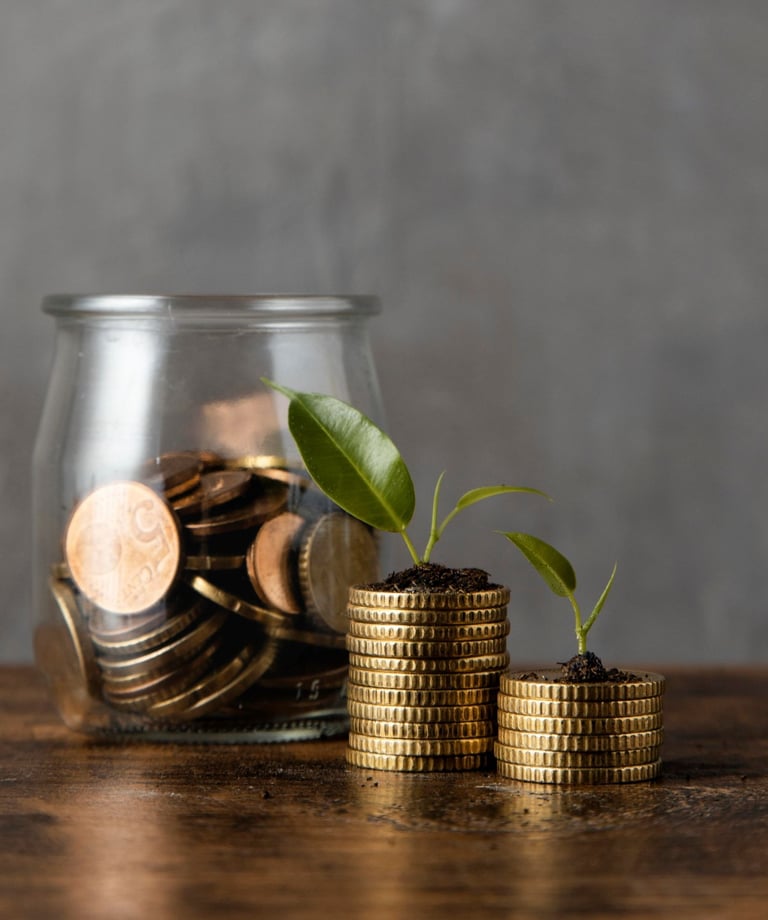 a jar of coins and a plant growing out of a jar