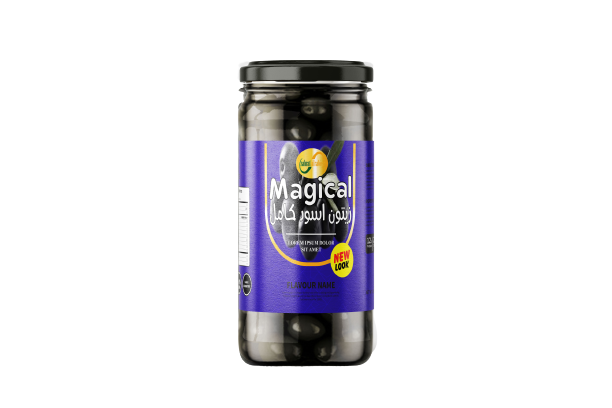 a jar of black olives with a purple label