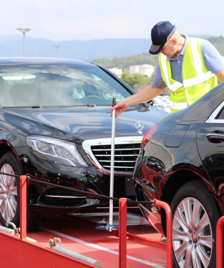 a man in a yellow vest is standing on a flatbed trailer
