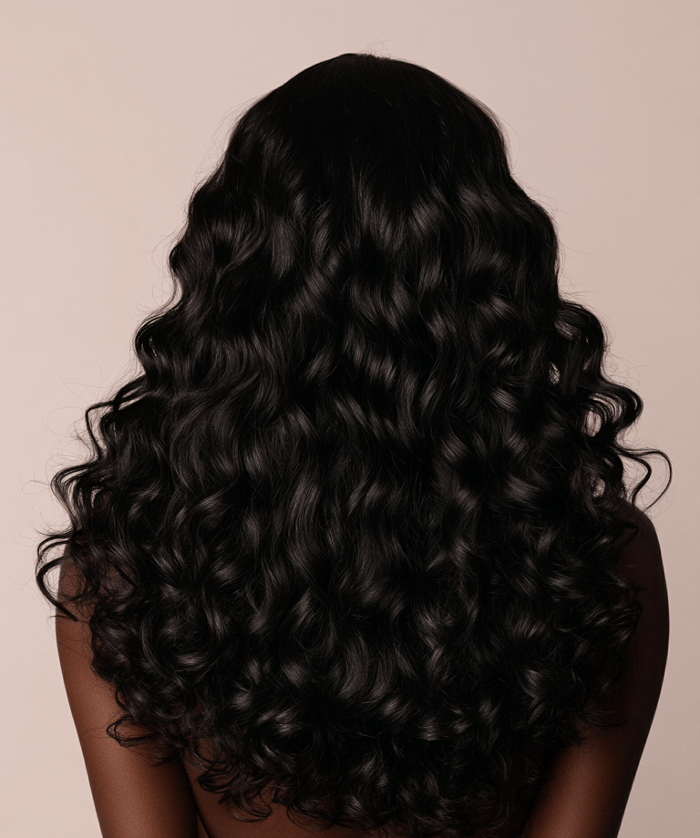 A model faced away from the camera, displaying her luxurious, bouncy curls.