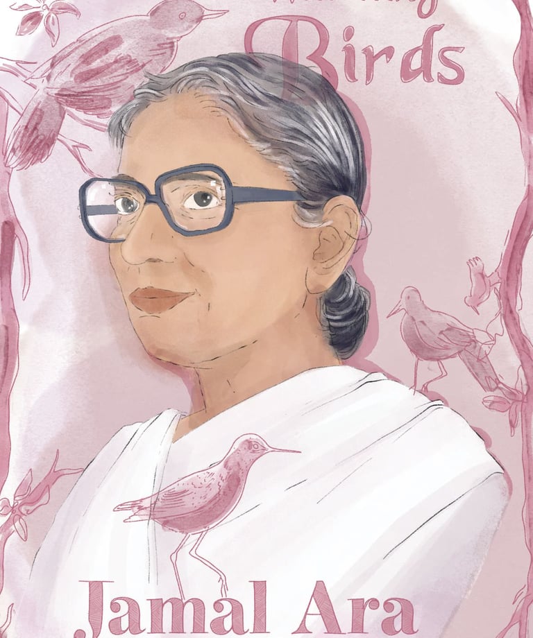 A portrait illustration of Jamal Ara, wearing glasses and a white sari, surrounded by bird motifs.