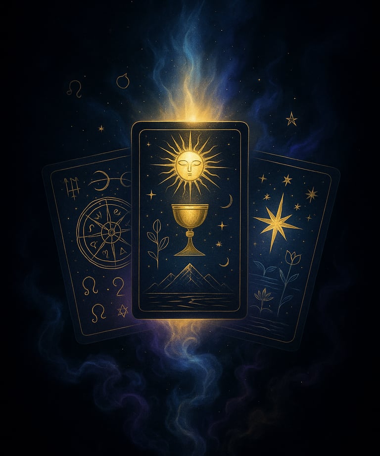 a tarot deck with a gold cup and a cup of coffee