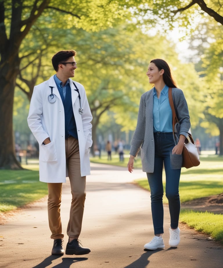 speciality doctor walking with a patient in a park