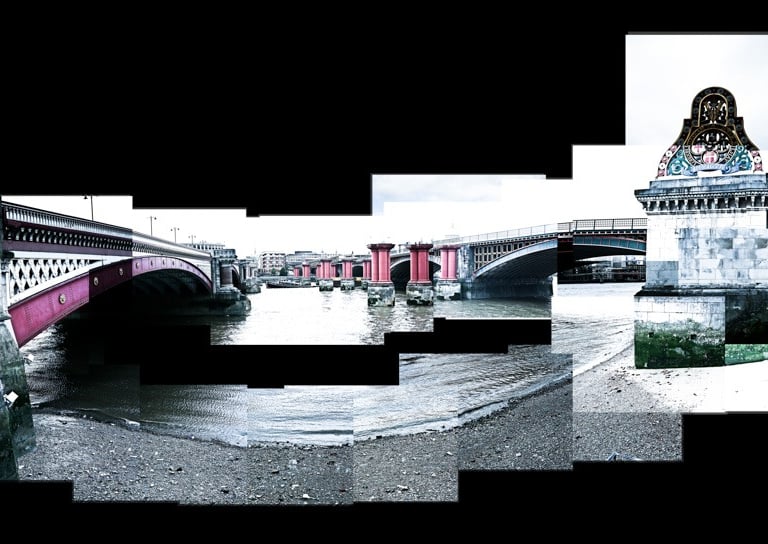 A huge photo joiner of Blackfriars bridge pillars