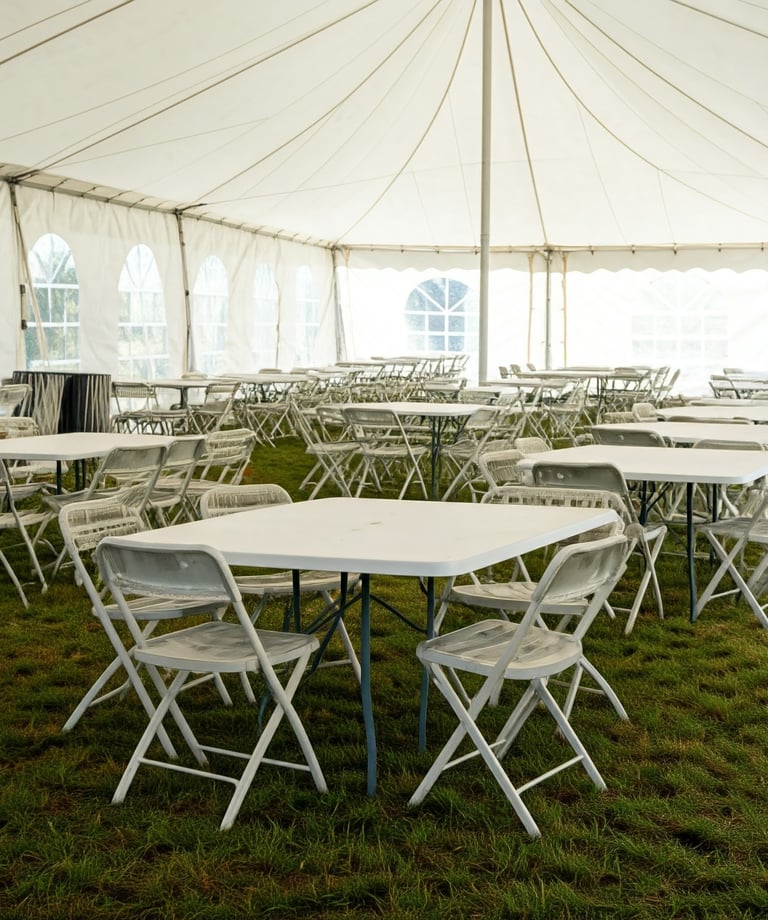 tables and chairs under a tent