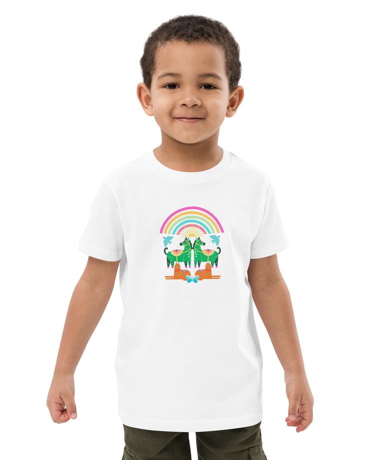 a young boy standing in front of a rainbow - colored rainbow - colored rainbow -