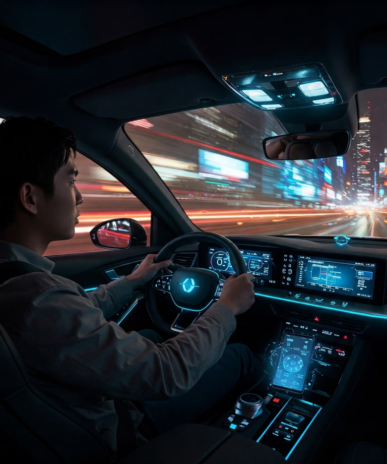 Conductor de coche que habla con la IA de su móvil en el futuro. mientras conduce