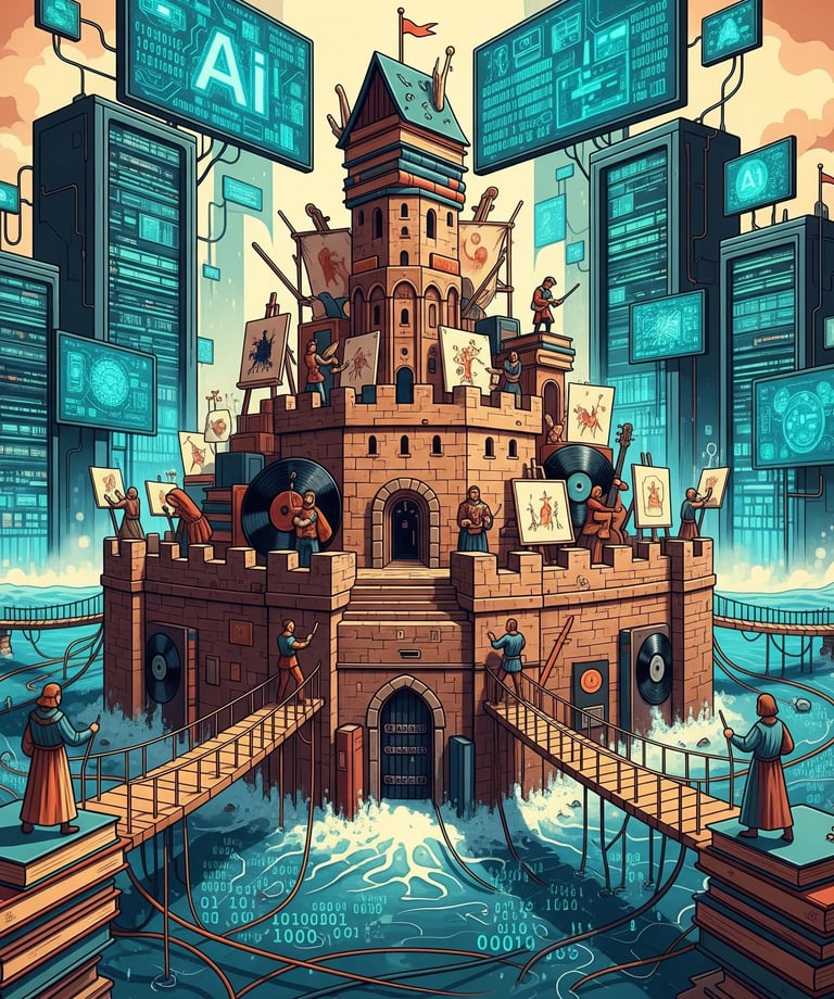 Castillo hecho de pinturas, discos y libros, rodeado de máquinas.
