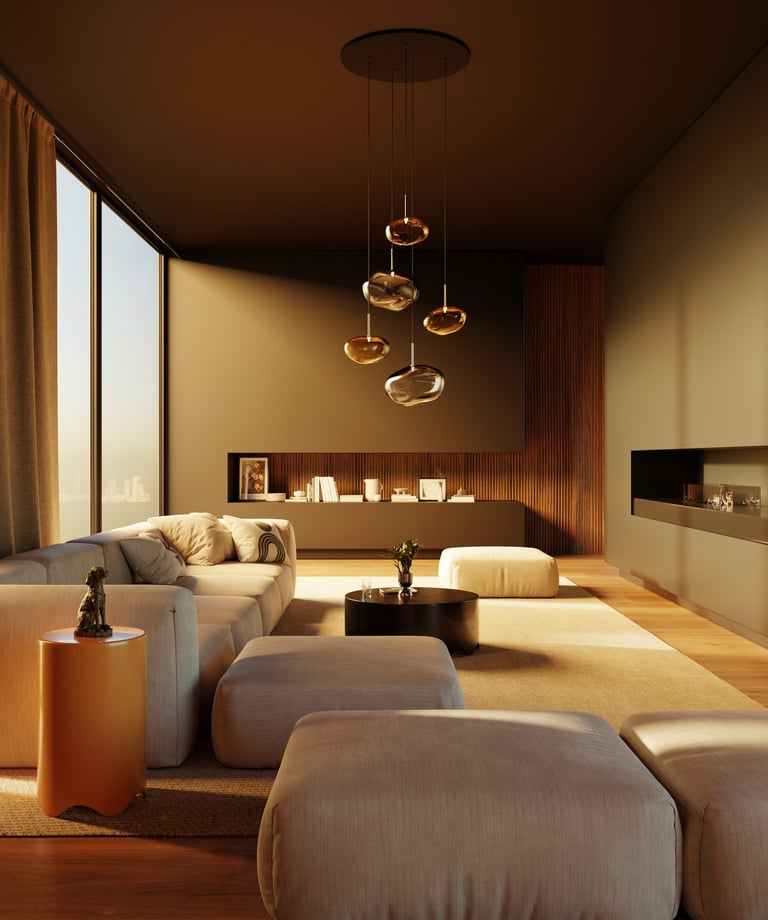 Rendu 3D photoréaliste d’un salon contemporain au coucher du soleil, avec canapés beiges, suspension design en verre soufflé,