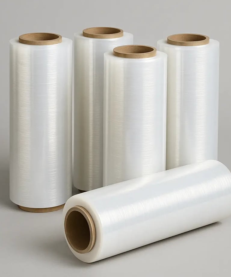 Transparent stretch film tightly wrapped around cargo pallets