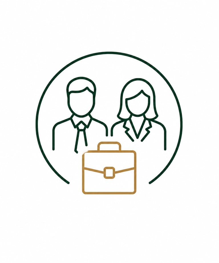 Line art icon of a businessman and businesswoman behind a gold briefcase representing professional careers.