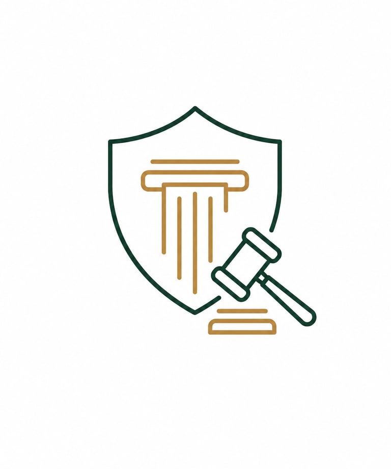 Minimalist legal icon featuring a judge gavel, shield, and greek column symbolizing law and justice.