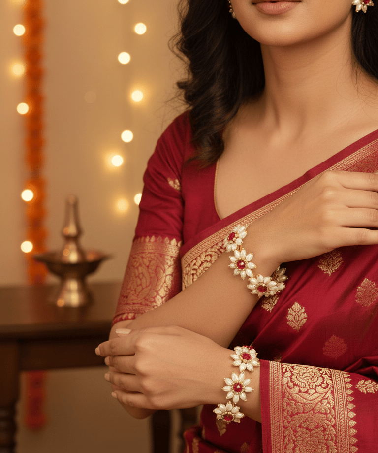 Parijatak Saaj Bangles – Red Floral Pearl Kadas