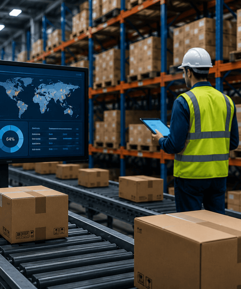 Industrial warehousing automation with conveyors and racks
