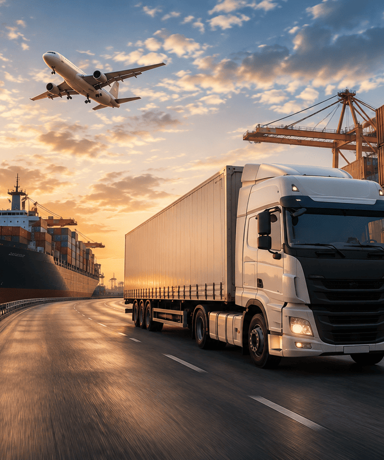Sea, Air and Road logistics in a single image on a evening with sunset