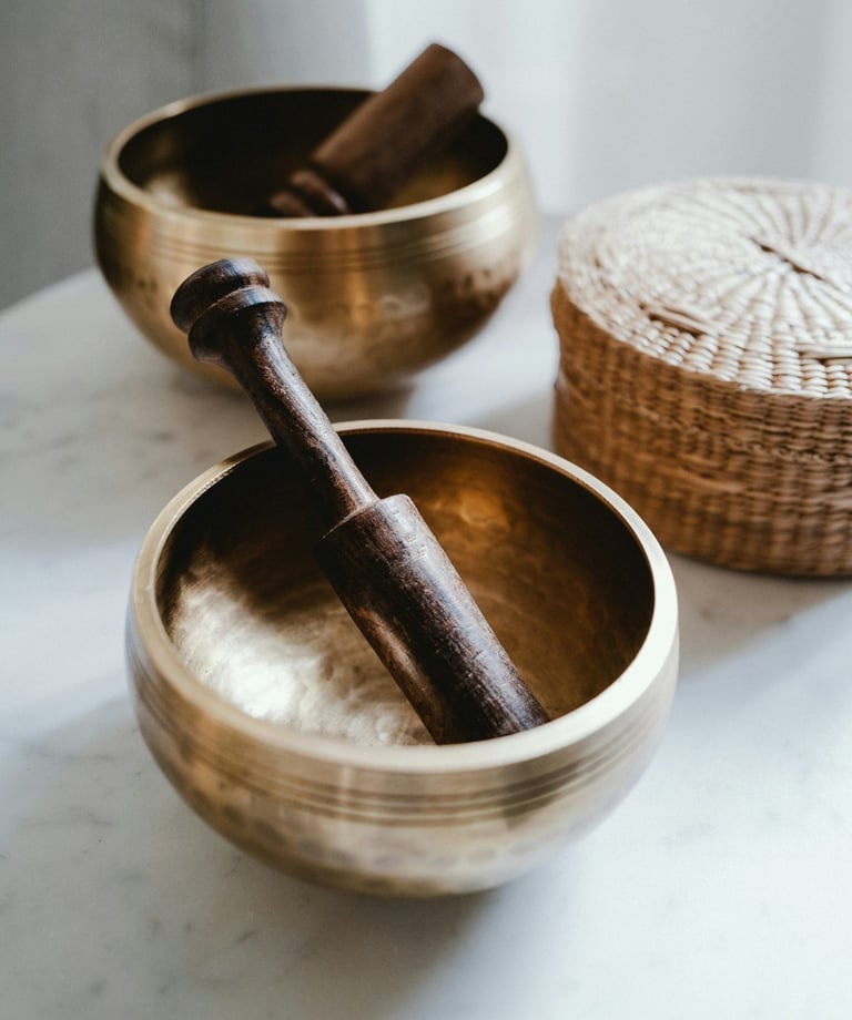 bols tibétains dorés avec petits panier et maillet outils de sonothérapie