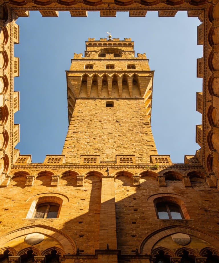 Low angle view of the historic Palazzo Vecchio tower against a blue sky in Florence, Italy.
