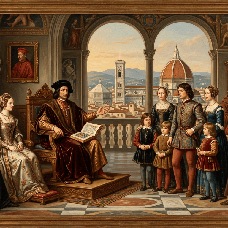 Renaissance oil painting of the Medici family in Florence with the Duomo cathedral in the background.