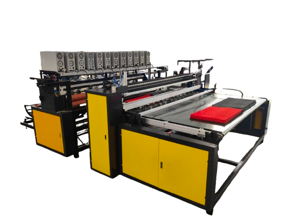 Ultrasonic slitting and cutting machine with yellow panels, conveyor belt, and control units, processing red and black towels