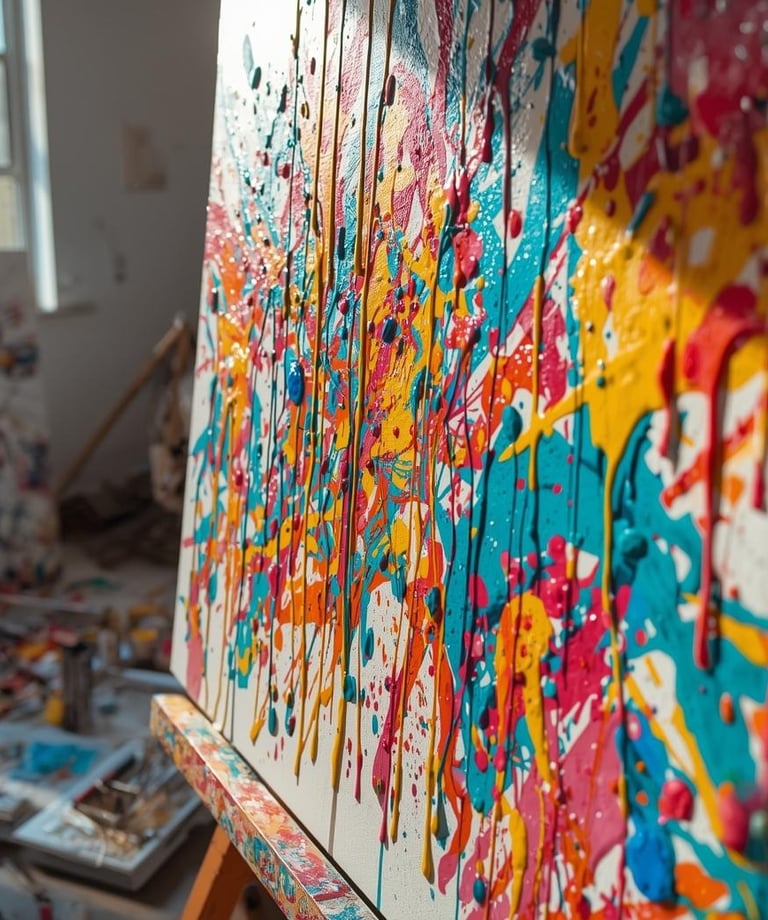a splatter painting in studio with vibrant colors