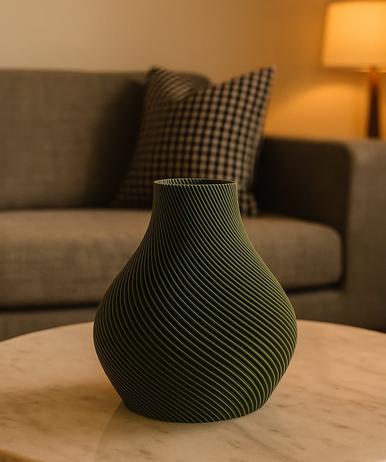 Moderne Vase mit Spiralrillen auf einem Marmortisch in einem gemütlichen Wohnzimmer