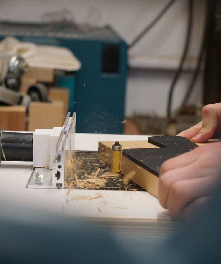 Handwerker fräst ein Servierbrett aus einem Block massivem Kirschholz mit höchster Präzision