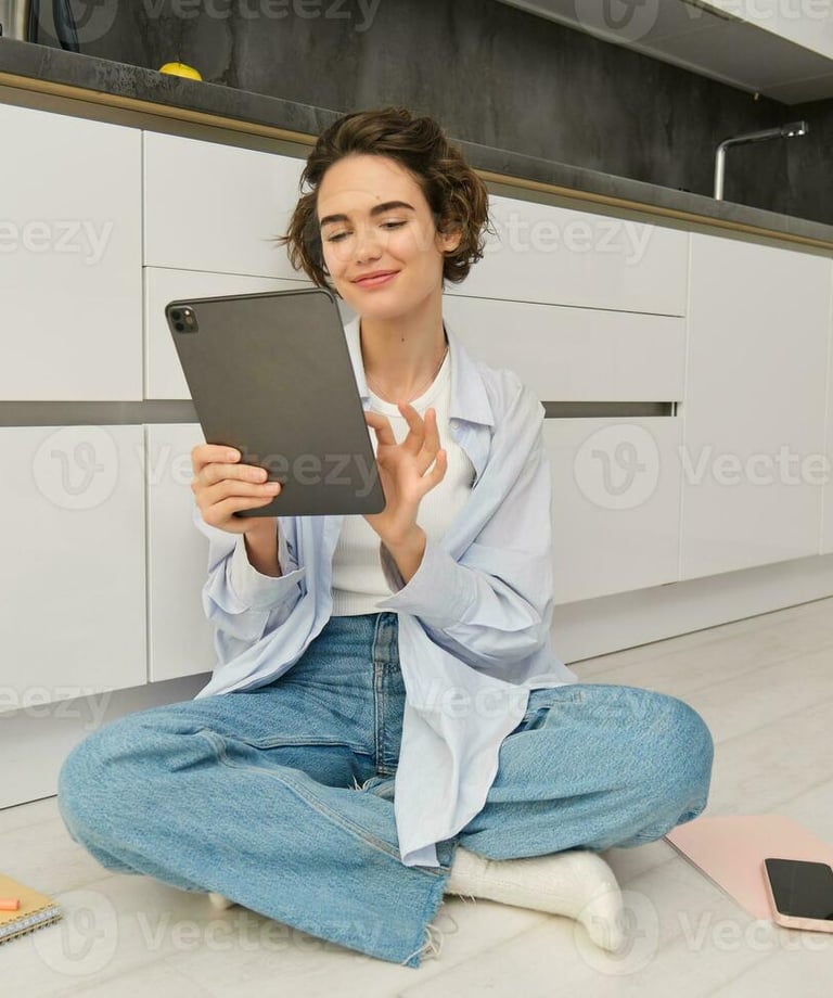 a woman sitting on the floor with a tablet computer and a tablet