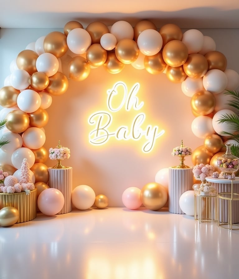 Elegant indoor luxury baby shower setup featuring pastel balloon garlands, 'Oh Baby' neon sign backdrop, decorated cylinders,