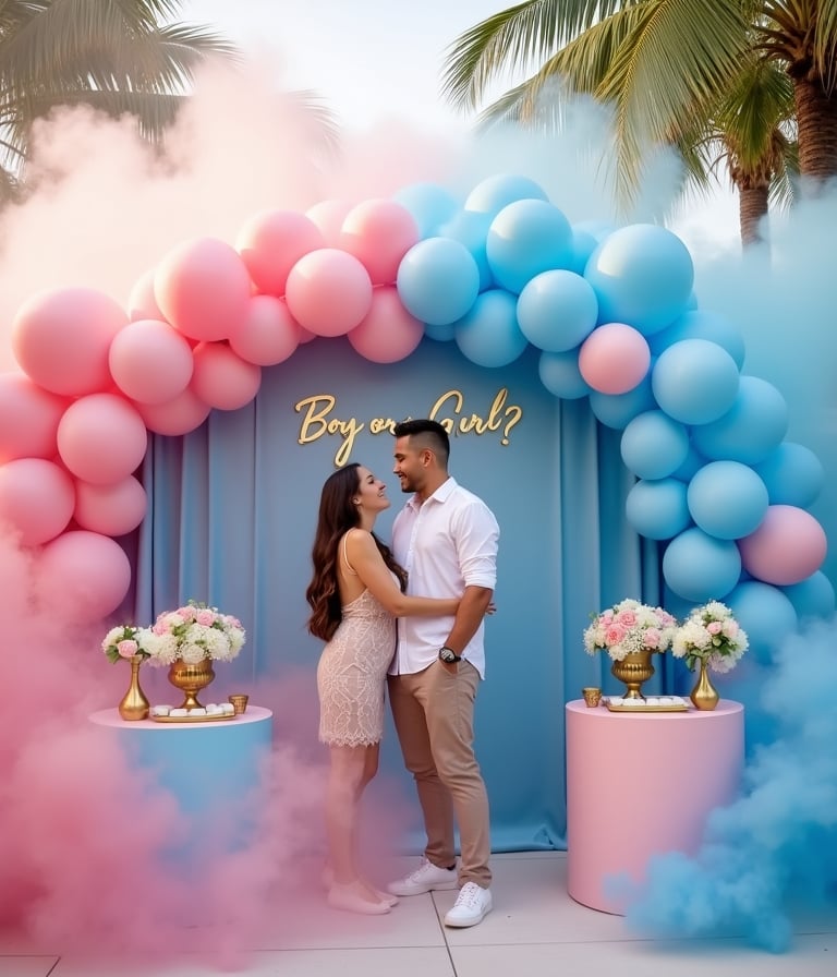 Luxury gender reveal party scene featuring a happy couple celebrating amidst pink and blue smoke, elegant balloon garlands, a