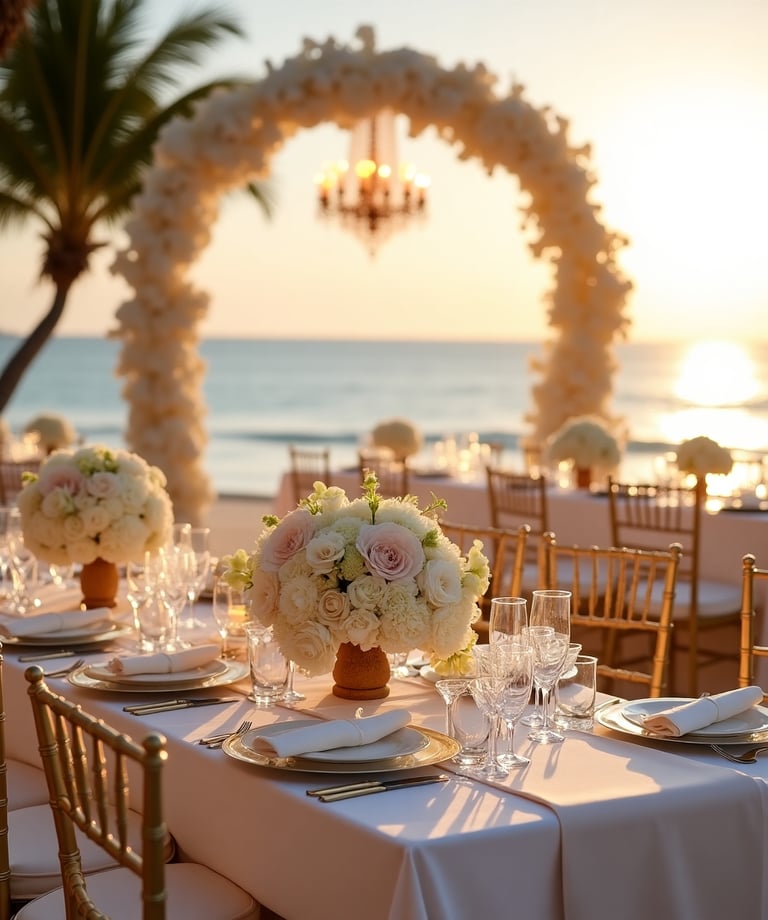 Elegant beachfront wedding setup featuring gold Chiavari chairs, acrylic tables, white and blush floral arrangements, and pre