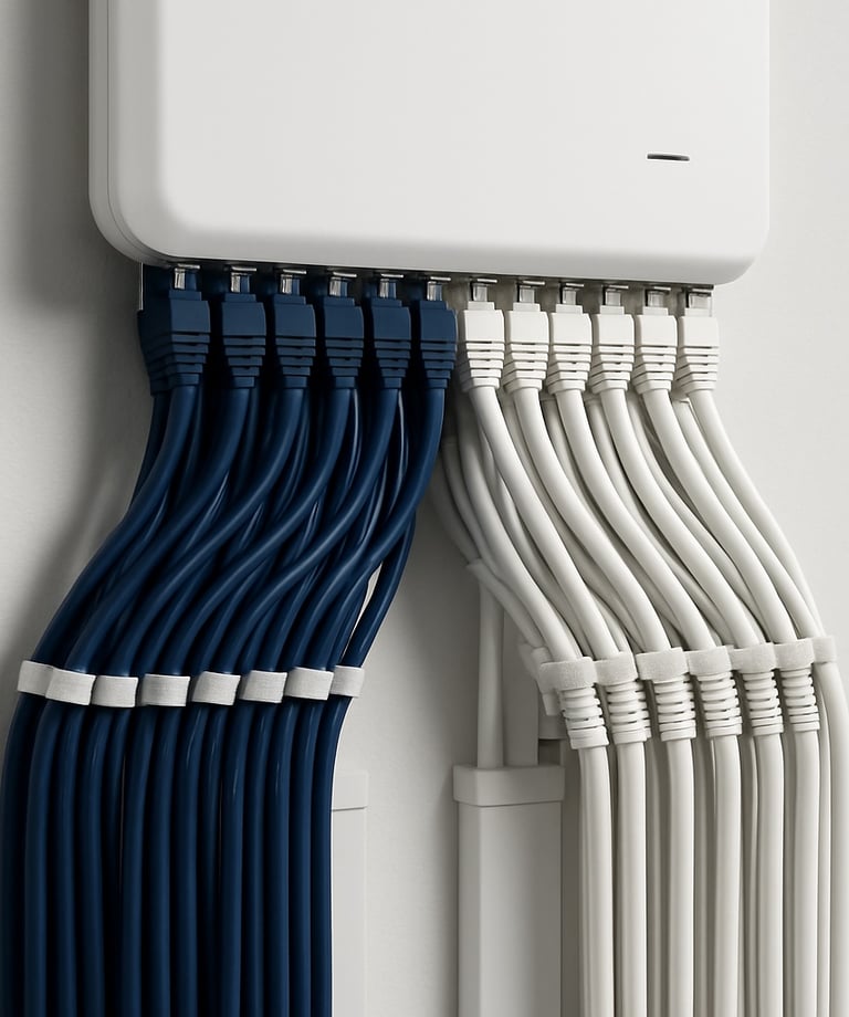 a bunch of cables connected to a wall mounted outlet